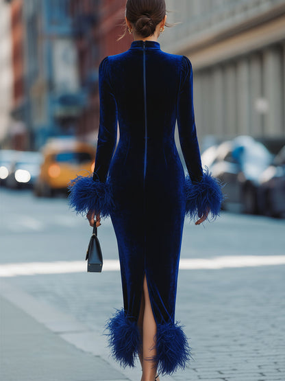 Glamorous Royal Blue Velvet Dress With Feather Trims