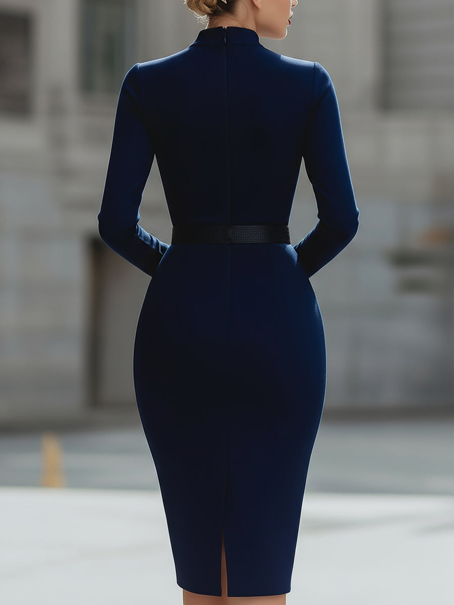 Elegant Navy Blue Cutout Midi Sheath Dress