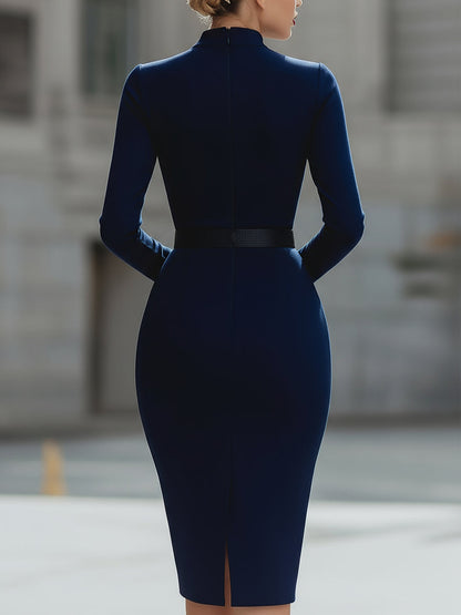 Elegant Navy Blue Cutout Midi Sheath Dress