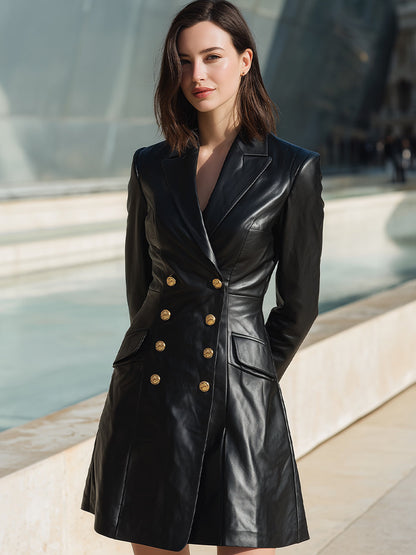 Black Double-Breasted Faux Leather Blazer Dress