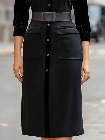 Button Down Velvet-Trimmed Belted Midi Dress