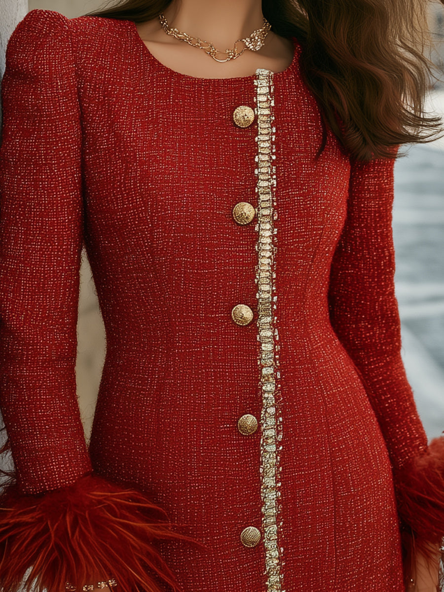 Beckwell Red Tweed Dress With Feather Cuffs And Gold Trim