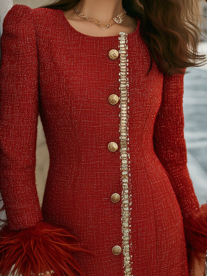 Beckwell Red Tweed Dress With Feather Cuffs And Gold Trim