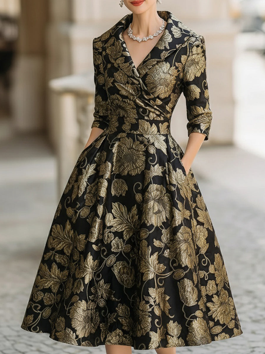 Mooyius Black & Gold Jacquard Floral Midi Dress