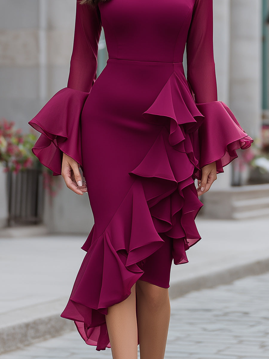 High-neck Fitted Cascade Ruffle Midi Dress