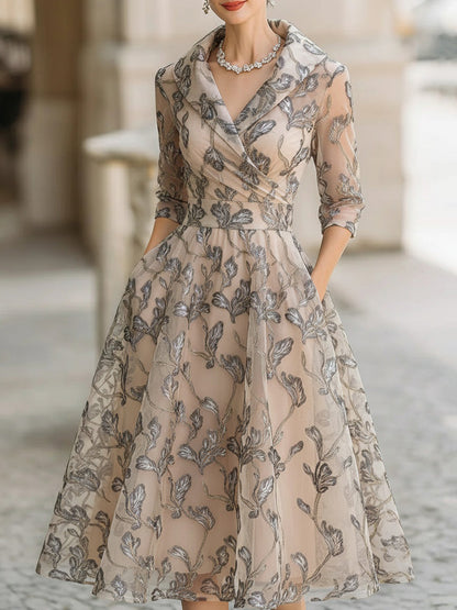 Beckwell Embroidered Mesh Midi Dress With Metallic Leaf Motif