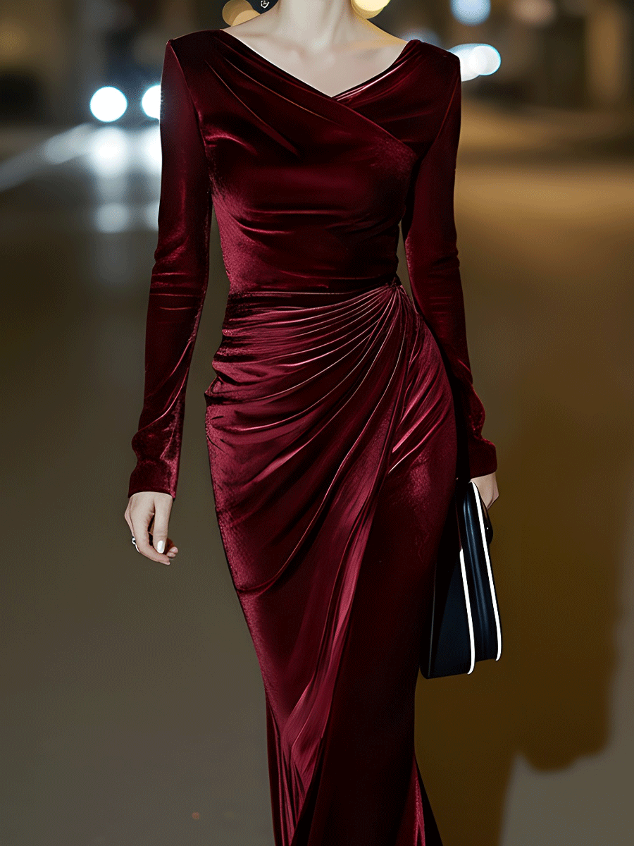 Burgundy Velvet Draped Evening Gown