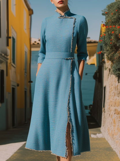 Blue Tweed Mandarin Collar Dress