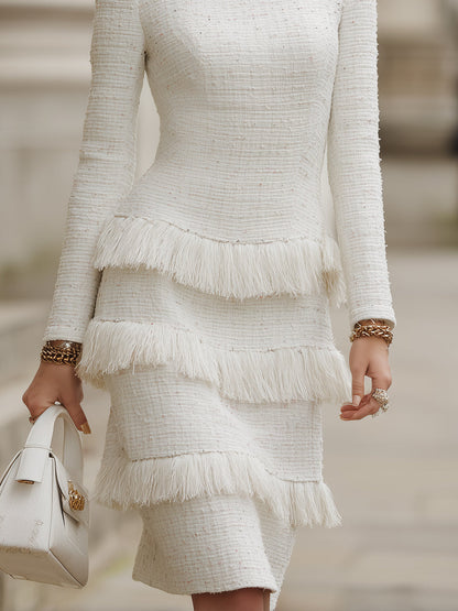 Ivory Tweed Fringe-Tiered Midi Dress