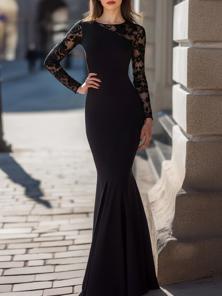 Lace-Panel One-Shoulder Mermaid Gown