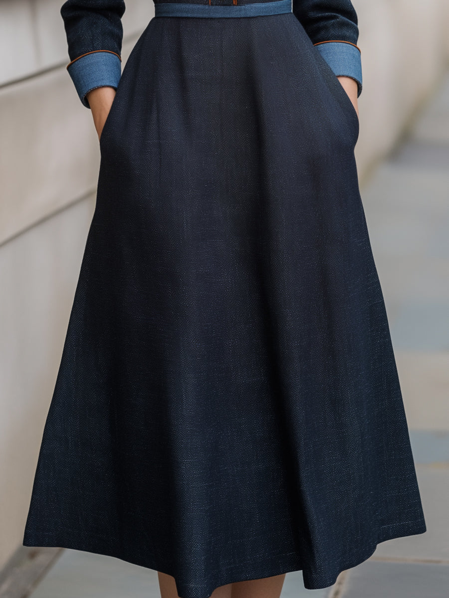 Denim-Trim Woven Midi Dress With Gold Buttons