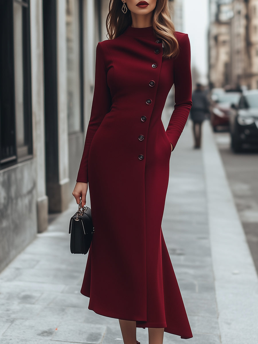Burgundy Asymmetric Buttoned Long-Sleeve Dress