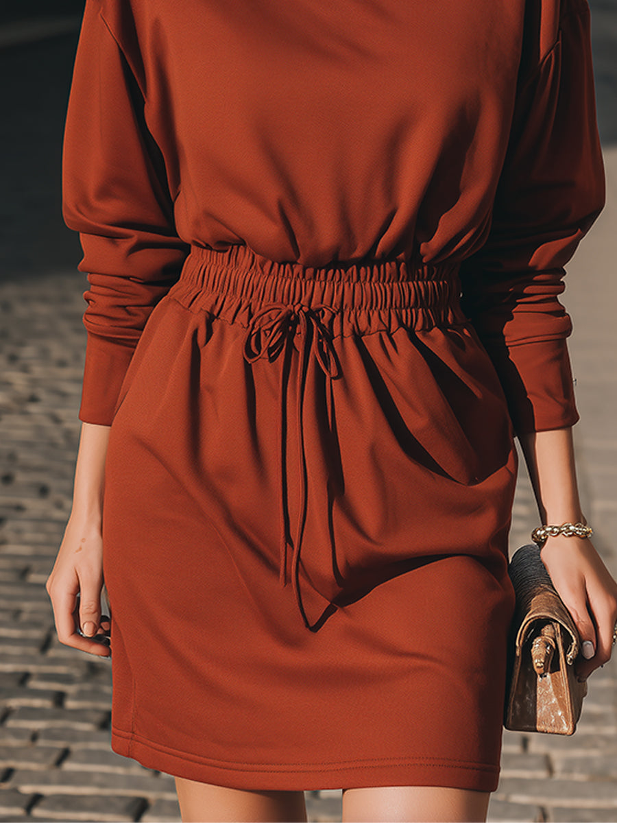 Chic Rust Turtleneck Smocked - Waist Dress