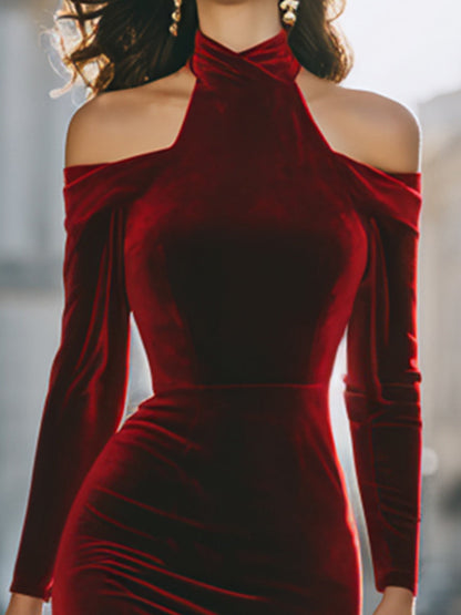 Cold Shoulder Red Velvet Gown With Halter Neckline