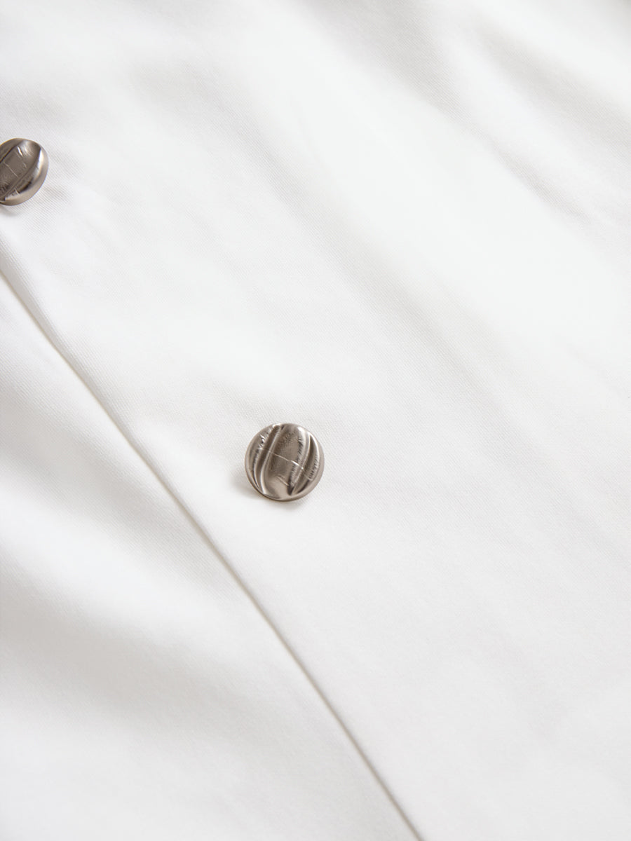 Stylish Double-Breasted White Dress with Navy Accents