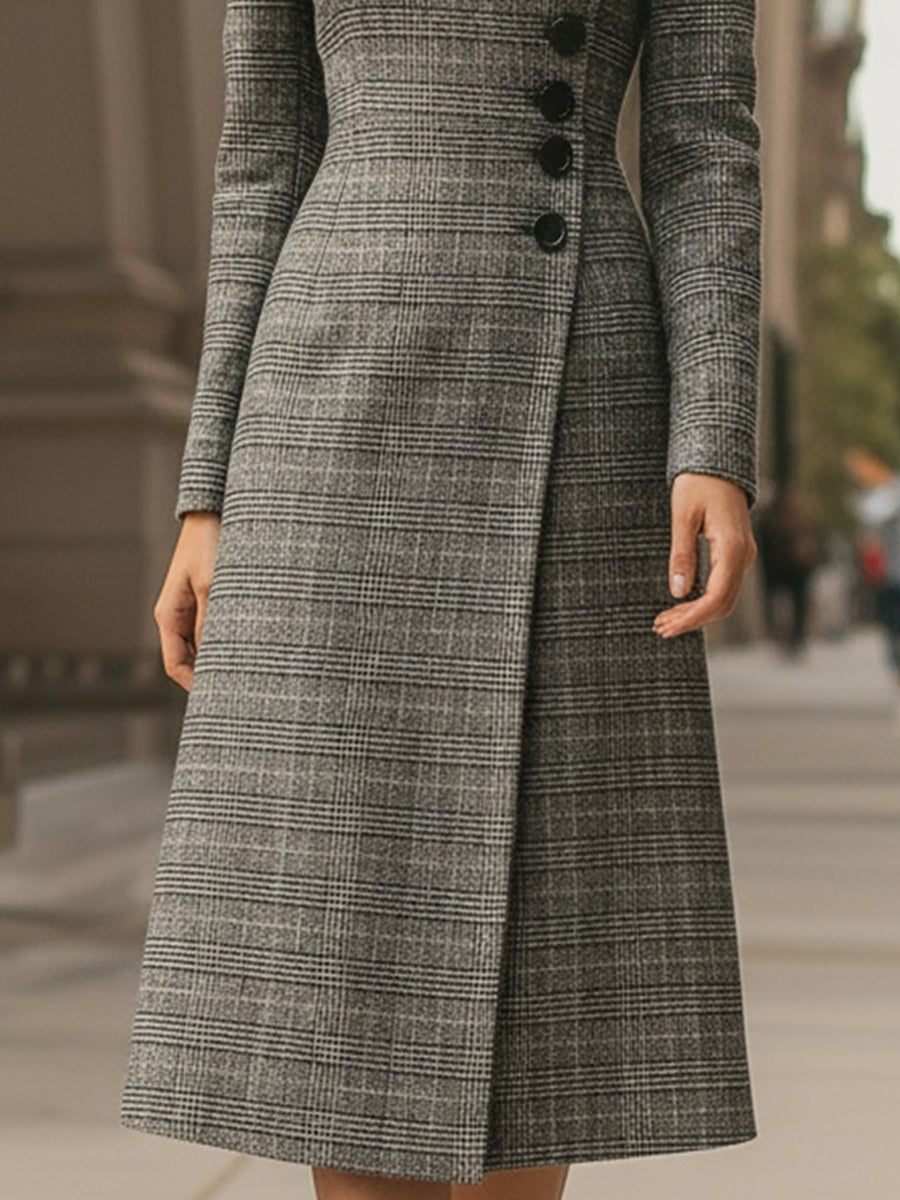 Elegant Plaid Asymmetric Button - Front Midi Dress
