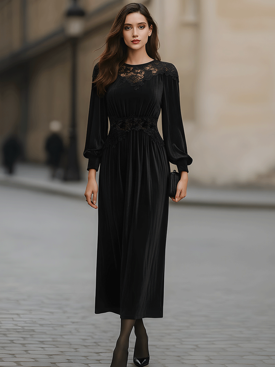 Black Long-Sleeve Lace Panel Midi Dress