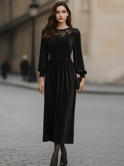 Black Long-Sleeve Lace Panel Midi Dress