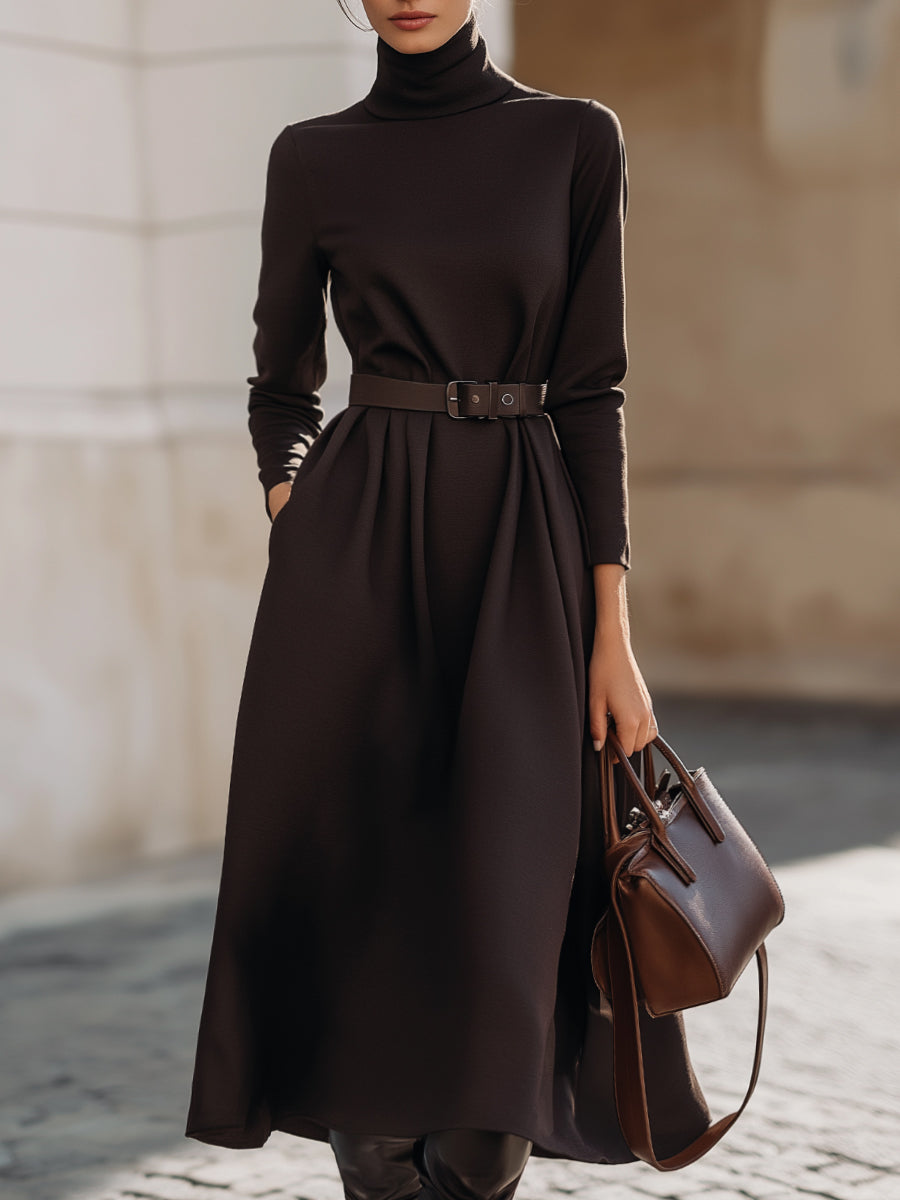 Chocolate Brown Belted Turtleneck Midi Dress