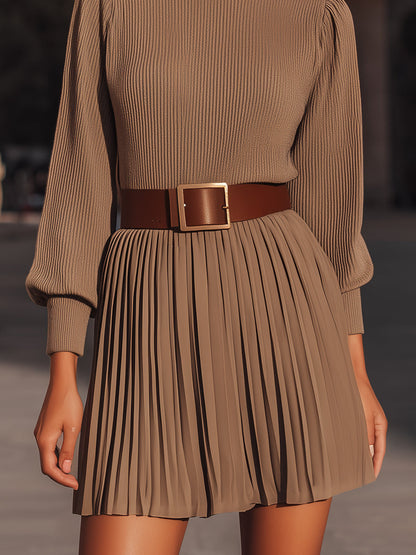 Ribbed Knit Dress With Pleated Skirt And Belt