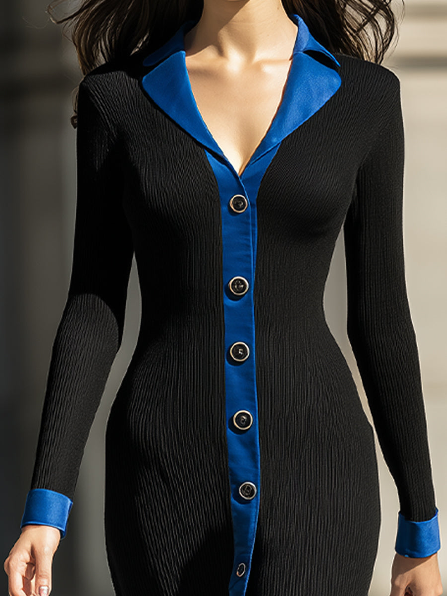 Elegant Black Ribbed Knit Midi Dress With Blue Contrast Collar And Cuffs