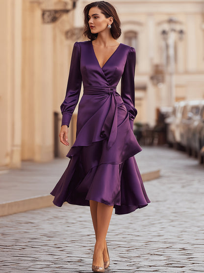 Deep Purple Satin Wrap Dress With Layered Hem