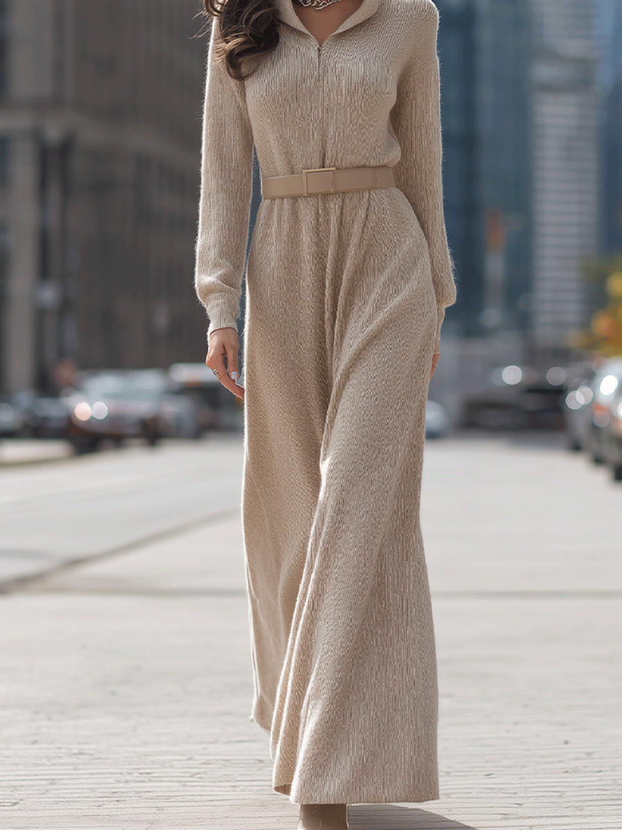 Beige Knit Maxi Dress With Belted Waist