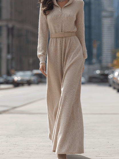 Beige Knit Maxi Dress With Belted Waist