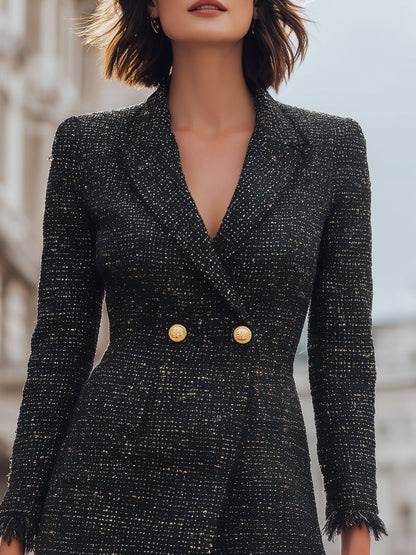 Fringed Hem Tweed Blazer Dress With Gold Buttons