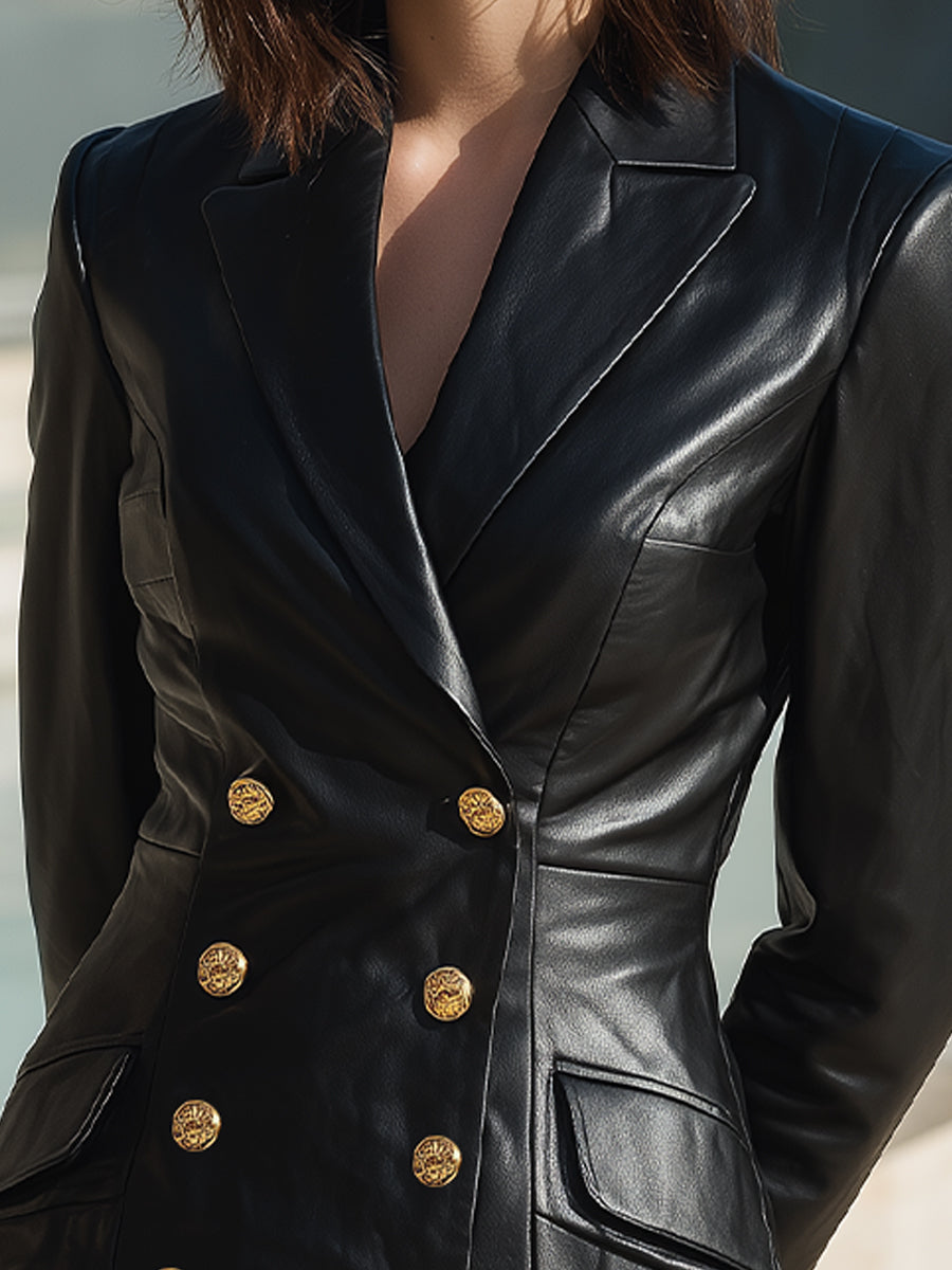 Black Double-Breasted Faux Leather Blazer Dress