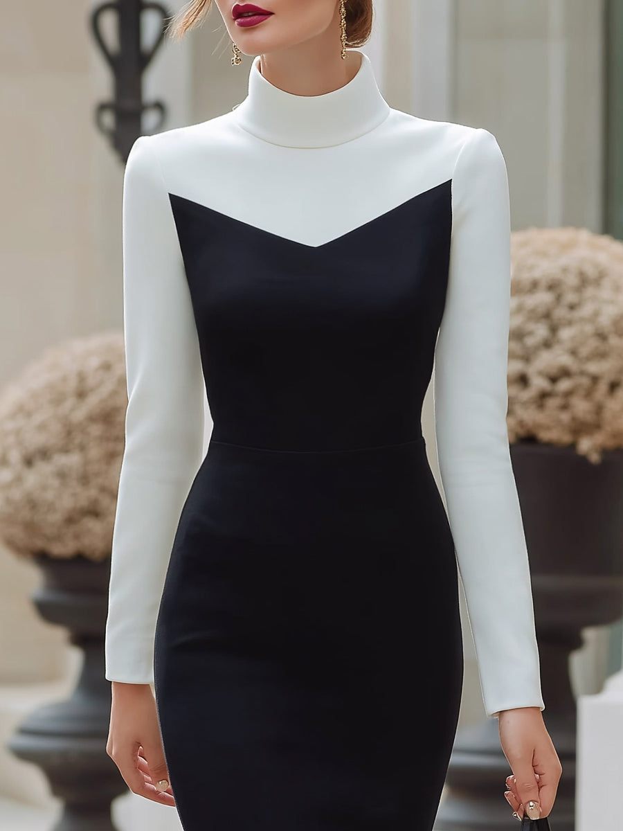 Classic Tailored High-Neck Contrast Midi Dress