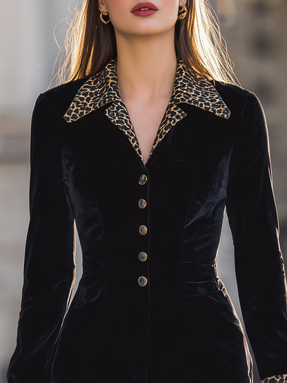 Glamorous Black Velvet Mini Dress With Leopard Accents