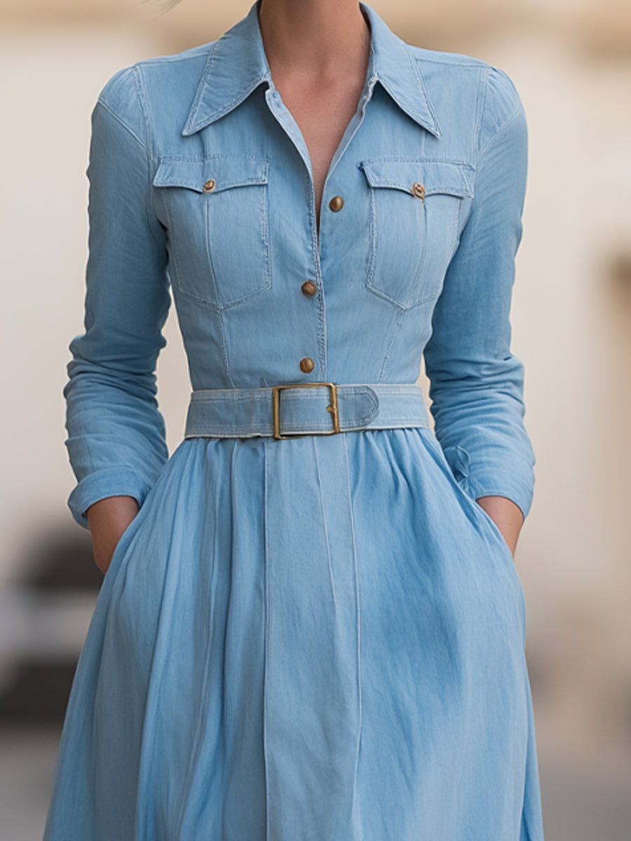 Classic Belted Denim Shirt Dress With Full Skirt