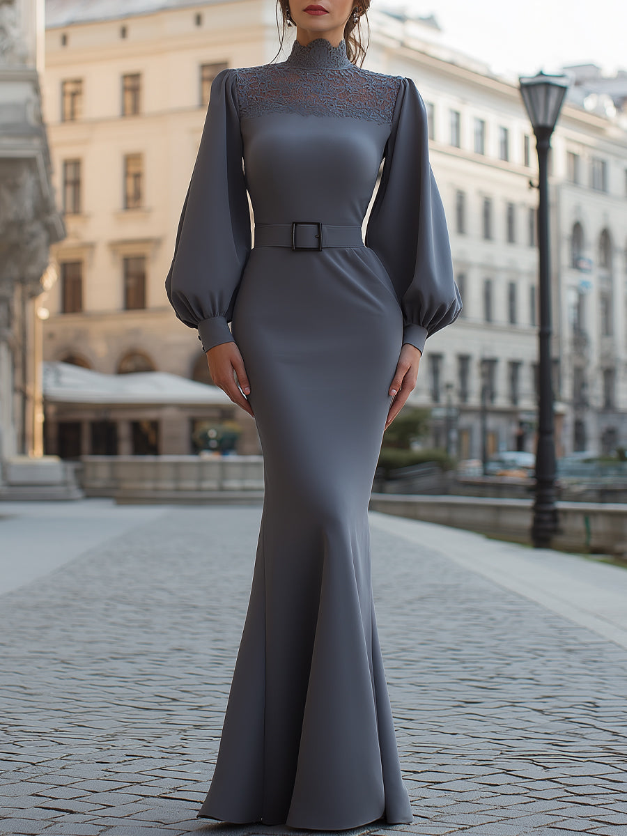 Bishop Sleeves Lace High-Neck Belted Evening Gown