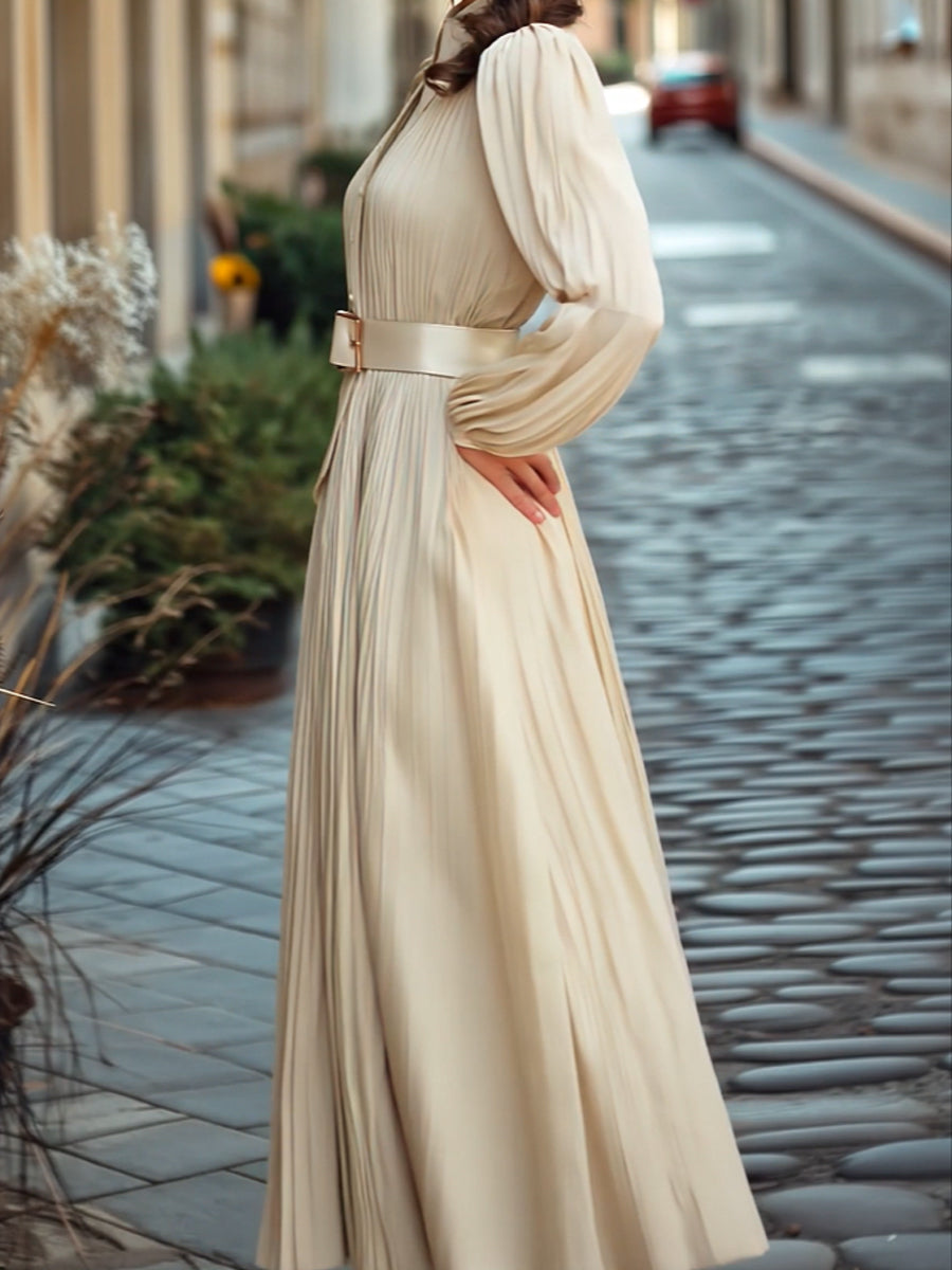 Vintage Pleated Ivory Midi Dress with Belt