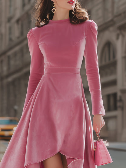 Elegant Pink Velvet High-Low Midi Dress