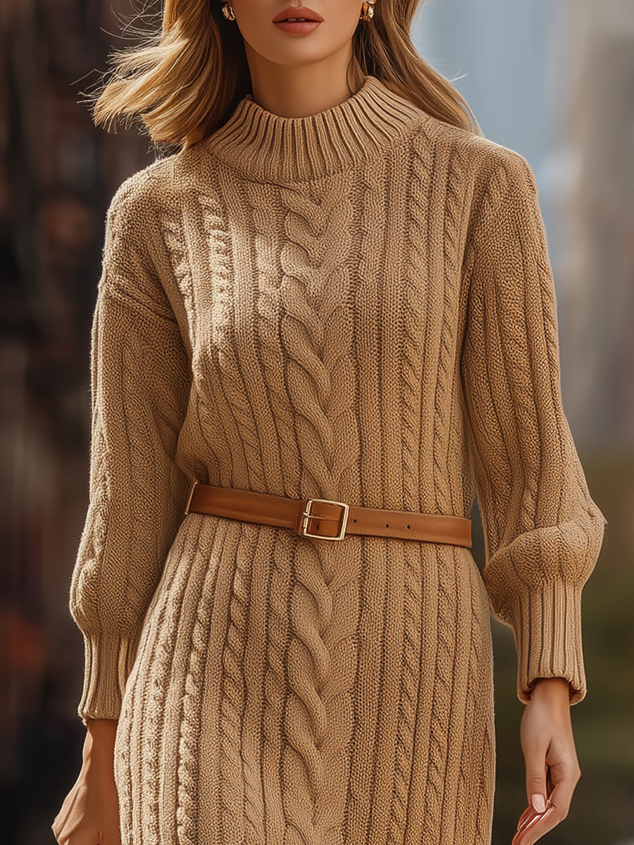 Camel Cable - Knit Sweater Dress