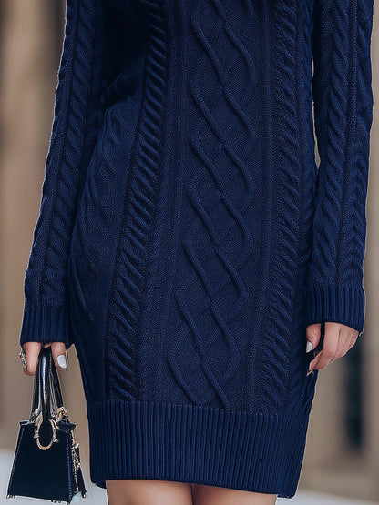 Navy Blue Cable - Knit Turtleneck Sweater Dress
