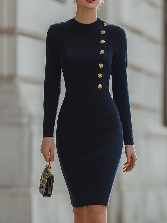Sophisticated Navy Bodycon Dress With Gold Button Accents