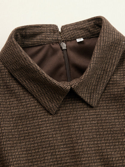 Elegant Houndstooth Long-Sleeve Midi Dress