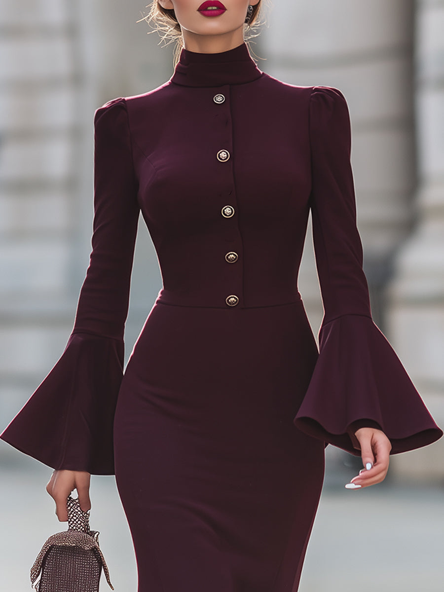 Elegant Burgundy Mock Neck Midi Dress