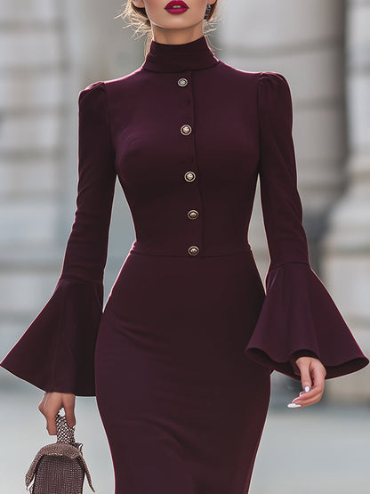 Elegant Burgundy Mock Neck Midi Dress