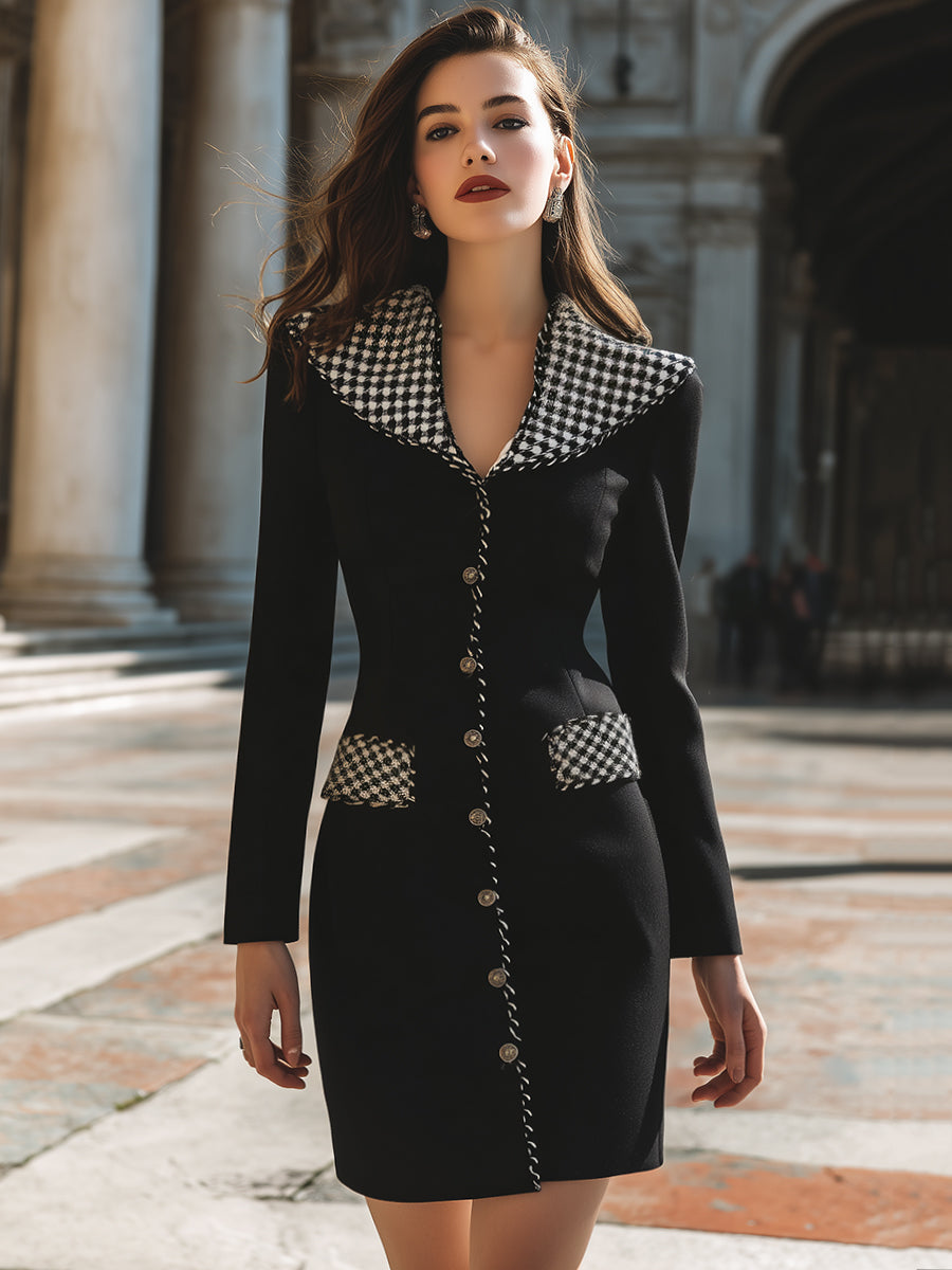 Elegant Plain Mini Dress With Houndstooth Accents