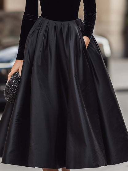 Elegant Black Velvet And Satin Midi Dress
