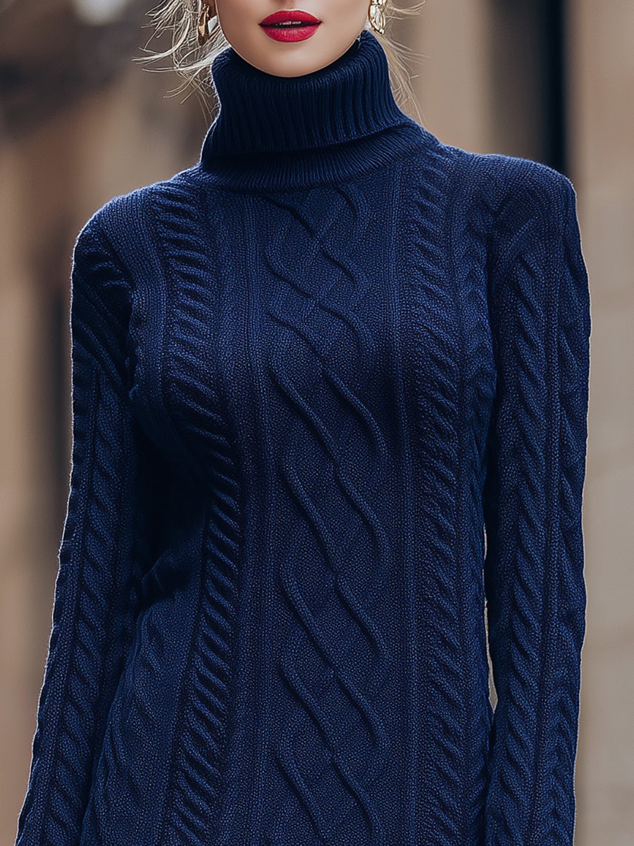 Navy Blue Cable - Knit Turtleneck Sweater Dress