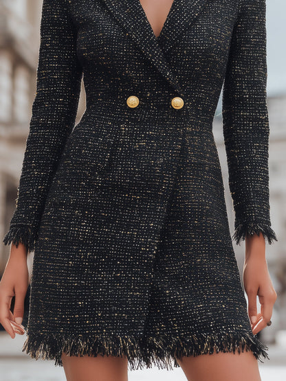 Fringed Hem Tweed Blazer Dress With Gold Buttons
