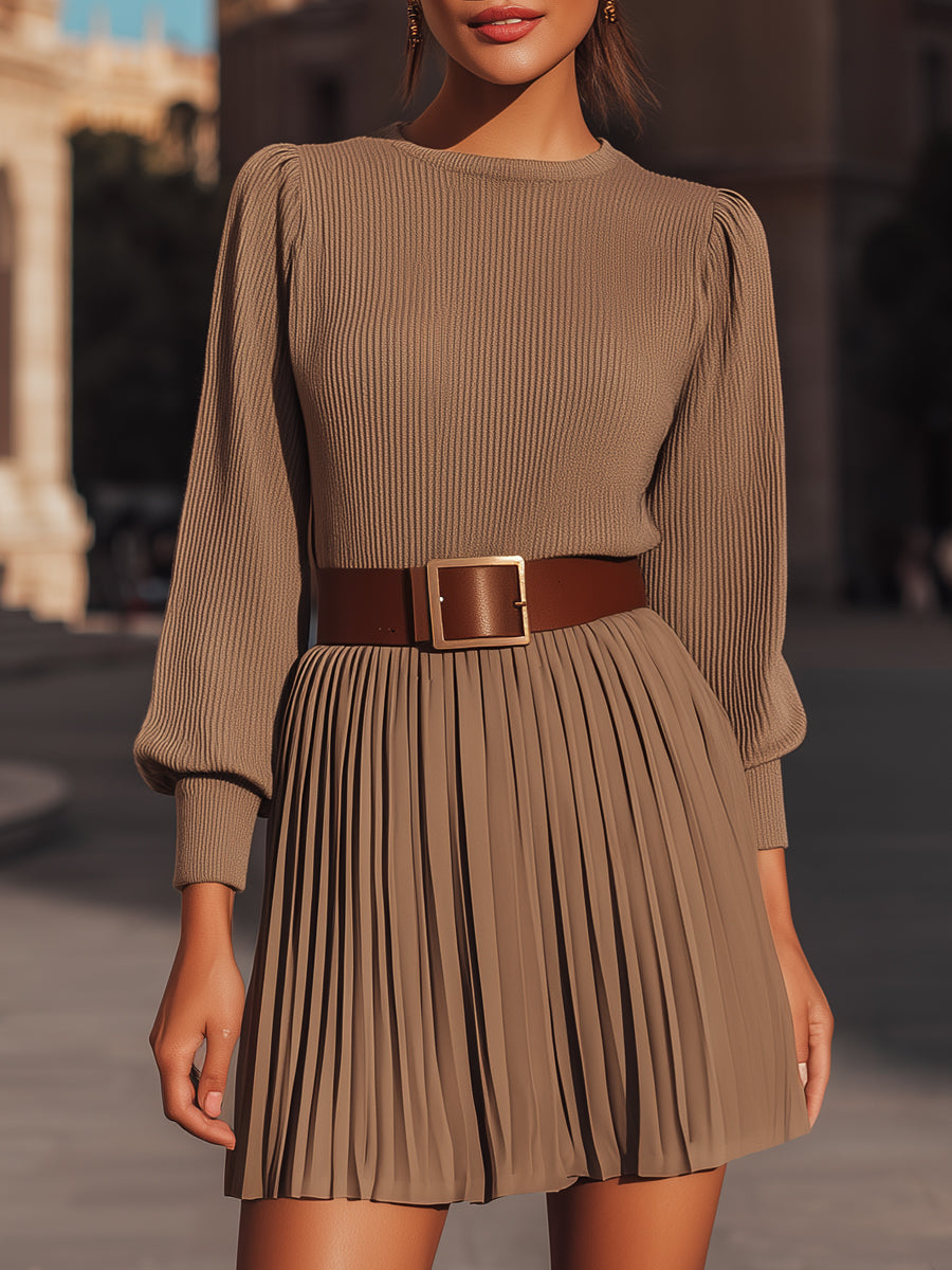 Ribbed Knit Dress With Pleated Skirt And Belt