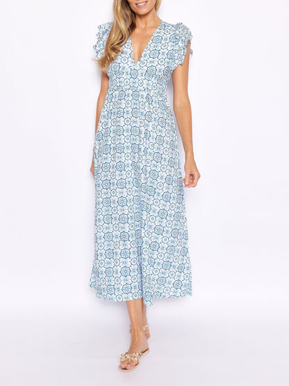 Blue Medallion V-Neck Flutter Sleeve Maxi Dress