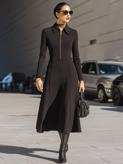 Black Zip-Front A-Line Midi Dress