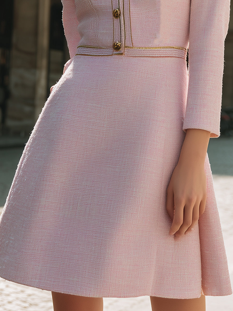 Blush Tweed A-Line Dress With Gold-Tone Buttons